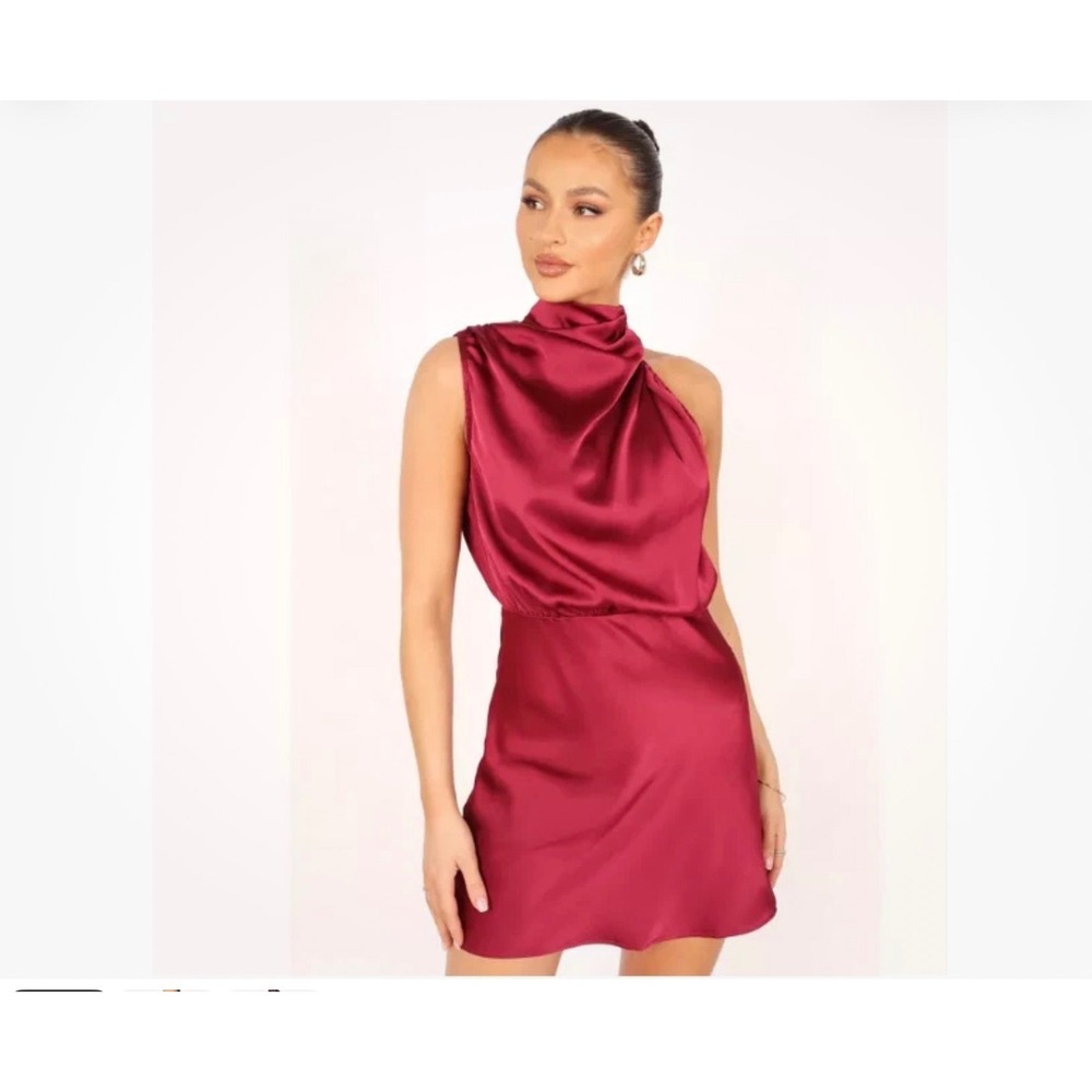 Petal + Pup Anabelle Halter Neck Mini Dress Berry Red Satin Sleeveless Size M